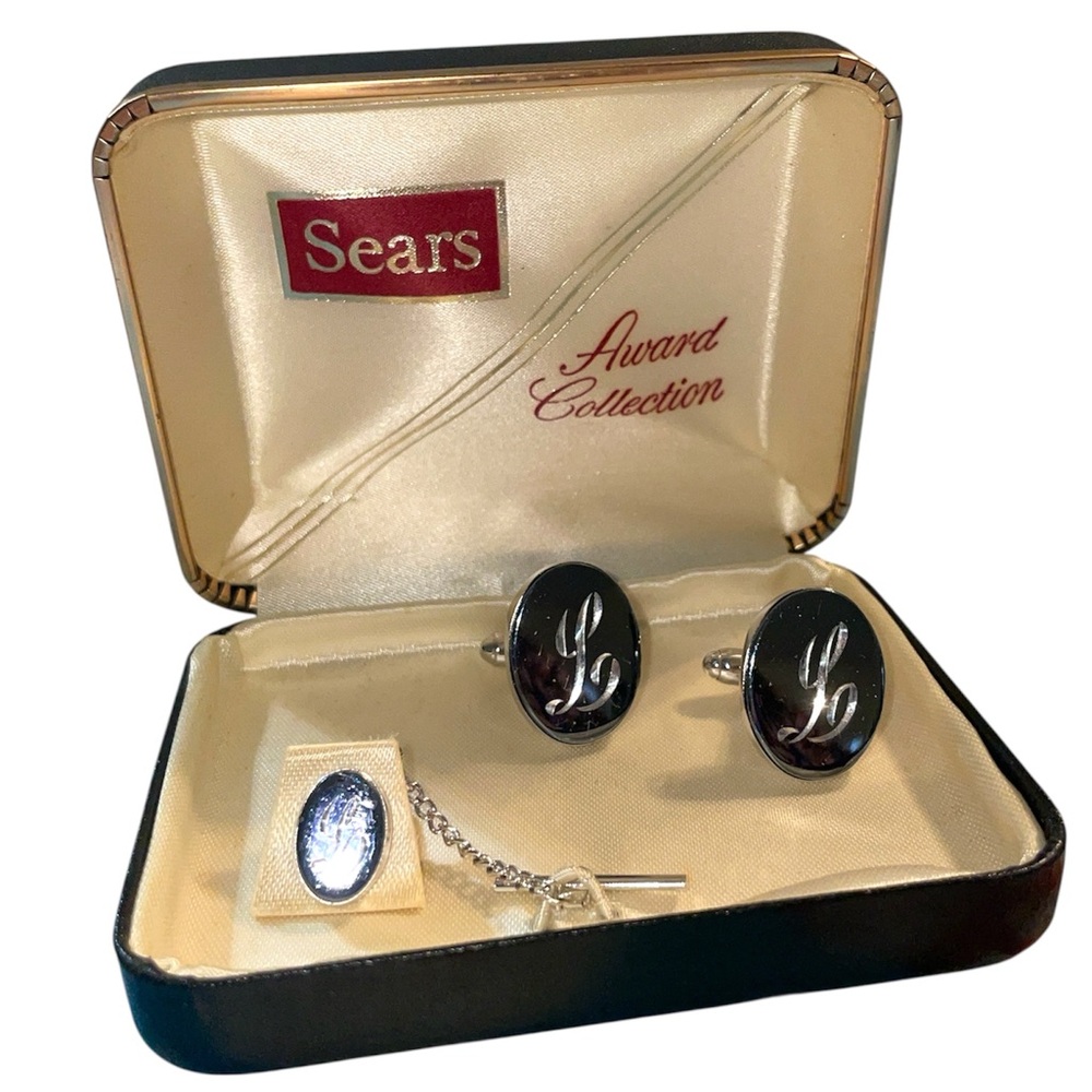 Vintage Sears Elegant Silver Tone “L” Engraved Monogram Cufflinks & Tie Tack